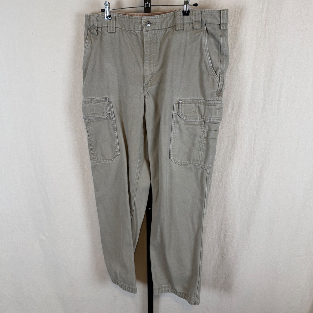 Duluth Trading Co Fire Hose Cargo Pants Mens 40x33 Khaki Tan Cotton Canvas 92204